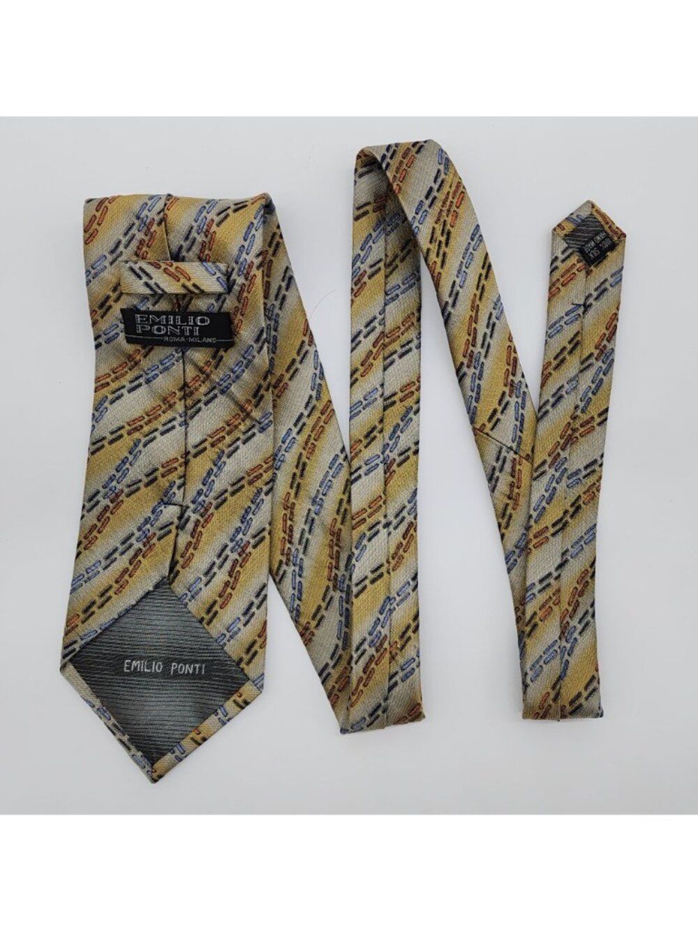 Emilio Ponti Necktie Geometric Silk Gray Yellow Blue Textured Fabric 57" L 4" W - Picture 4 of 7